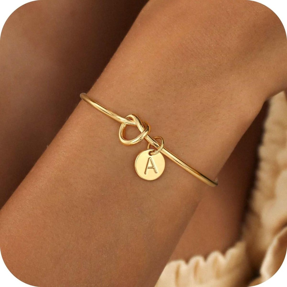 TURANDOSS Gold Initial‎ A Love Knot Bangle Bracelet Personalized Gift Boxed NEW